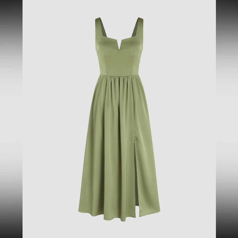 WOVEN SQUARE NECK RUFFLE SPLIT MIDI DRESS
